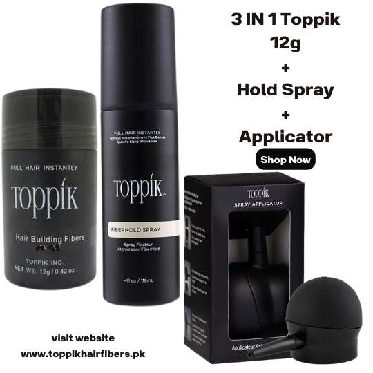 Toppik Hair Building Fibers 3 IN 1 Deal 12g Fiber+ FiberHold Spray+ Spray Applicator in Pakistan