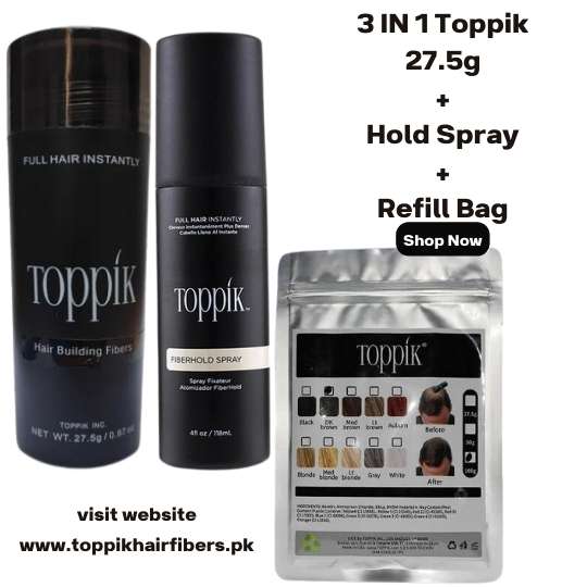 Toppik Hair Building Fibers 3 IN 1 Deal 27.5g Fiber+ Refill 25g+ FiberHold Spray in Pakistan