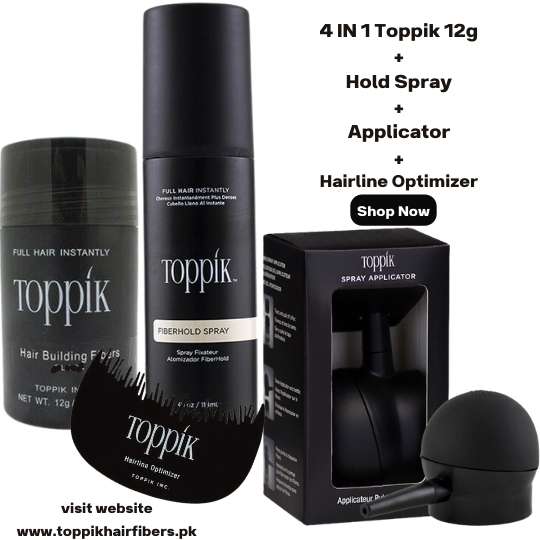 Toppik Hair Building Fibers 4 IN 1 Deal 27.5g +FiberHold Spray+Spray Applicator+Hairline Optimizer in Pakistan