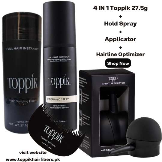 Toppik Hair Building Fibers 4 IN 1 Deal 27.5g +FiberHold Spray+Spray Applicator+Hairline Optimizer in Pakistan