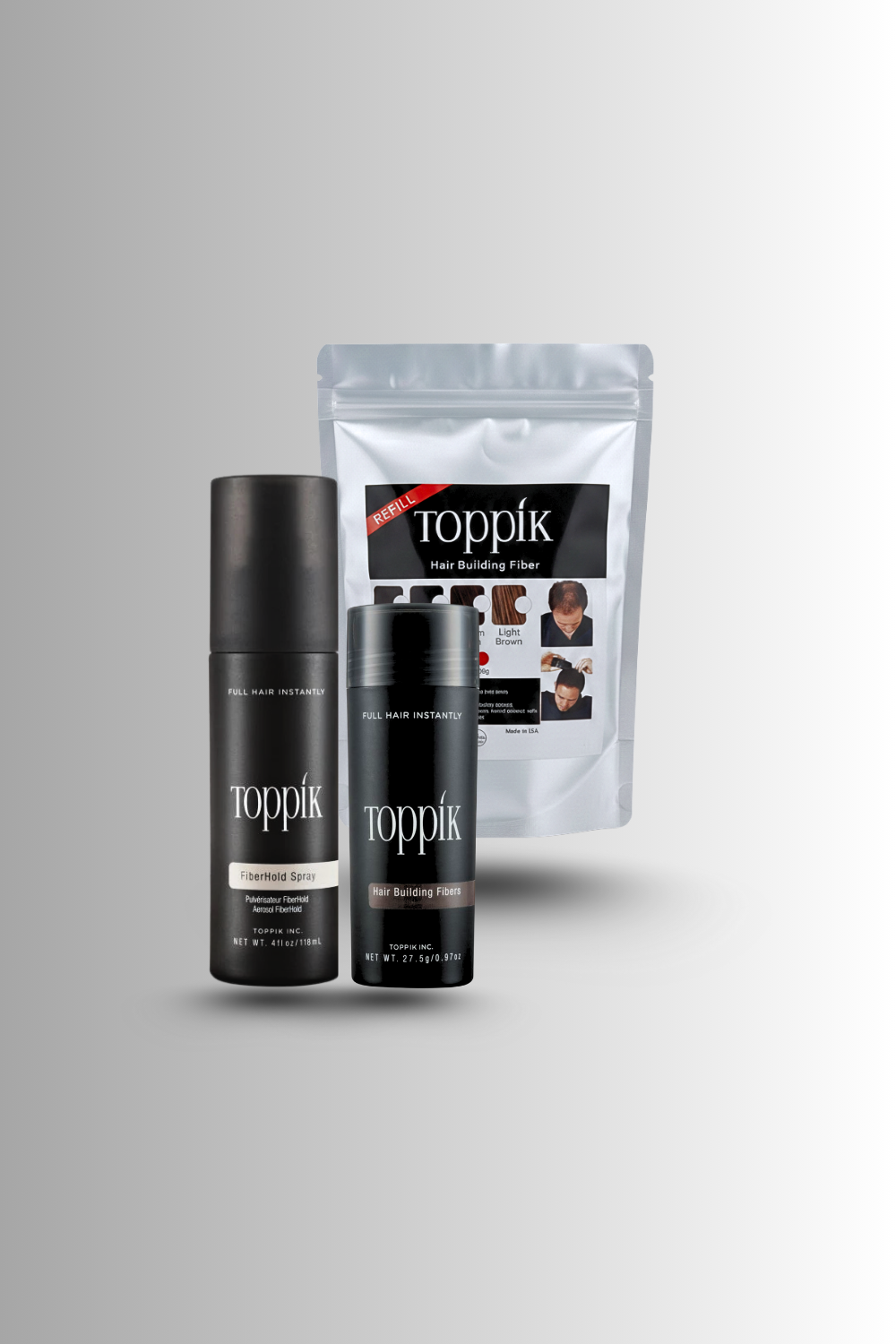 Pack of 3 Toppik Hair Building fiber , Refill bag and Hair Hold Spray in pakistan